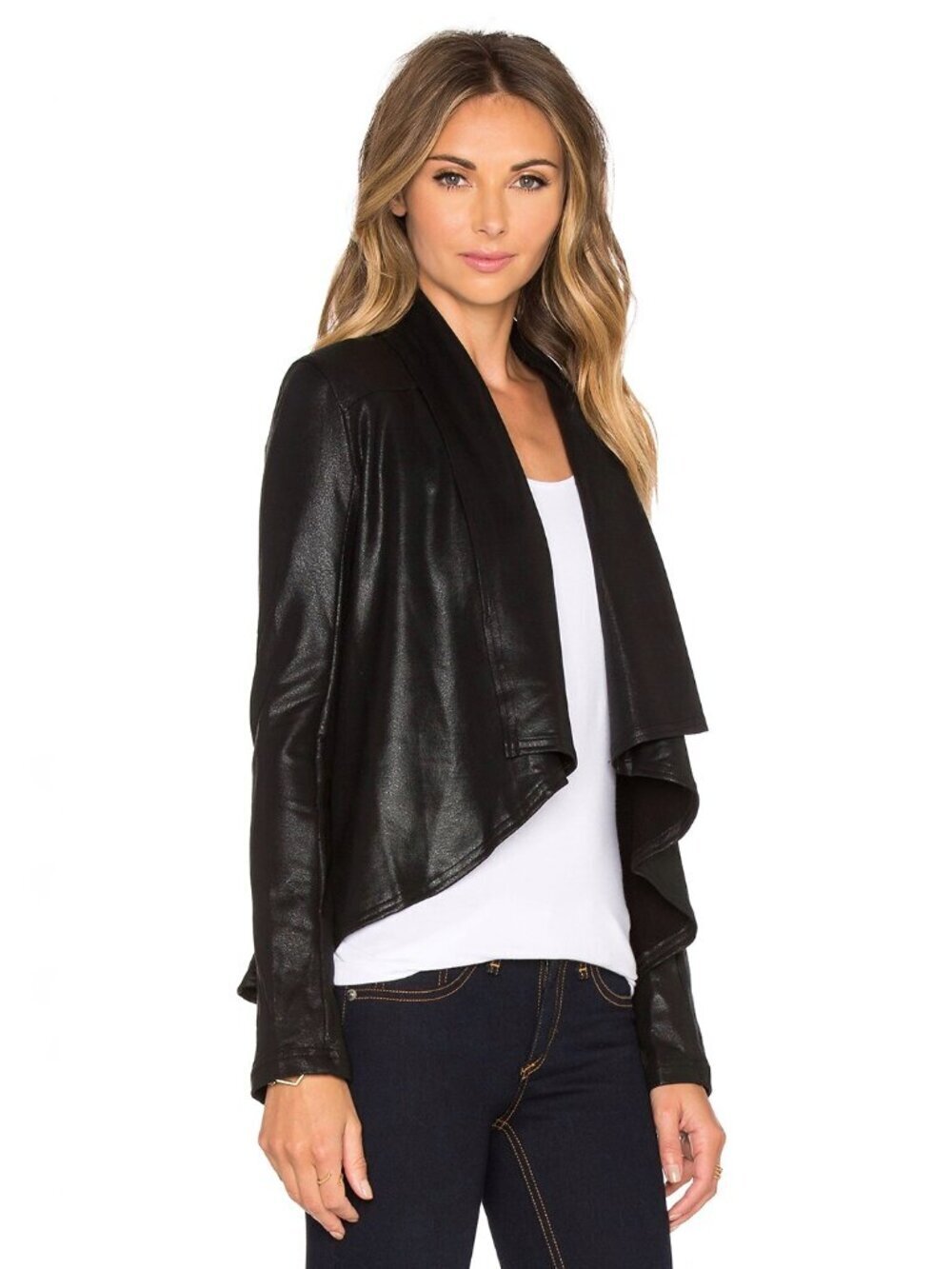 KRISA Black Coated Terry Faux Leather Open Drape Front Moto Jacket, Size S - Picture 2 of 16